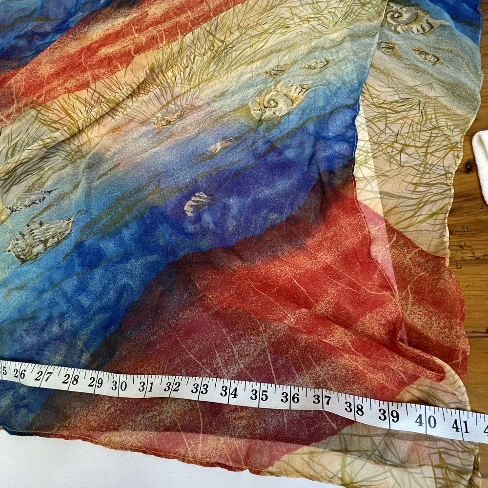 Vintage Scarf SHELLS Nautical Beach Labels removed 60x42 Blue Red Tan Soft Silky